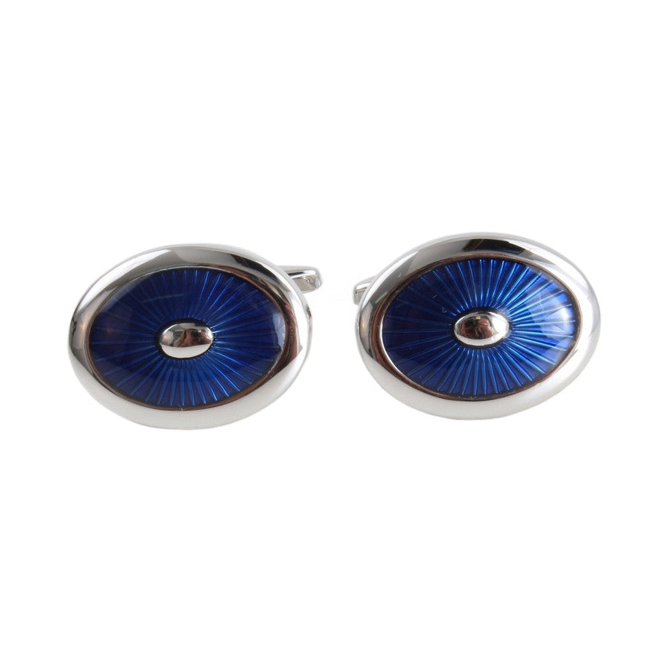 Blue Enamel Oval Cufflinks - Leonard Silver - front view of pair