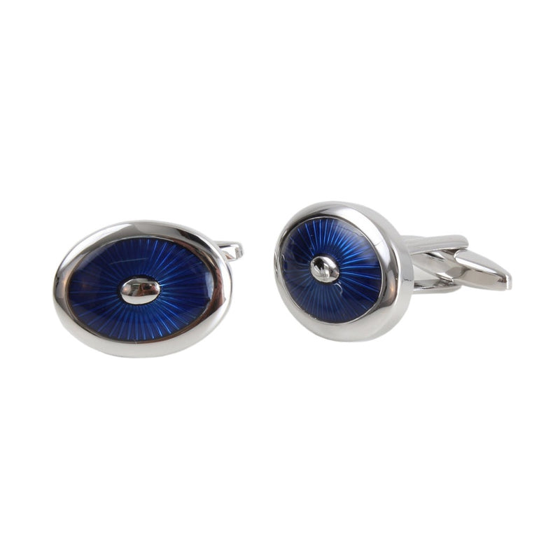 Blue Enamel Oval Cufflinks - Leonard Silver - front and side showing fitting
