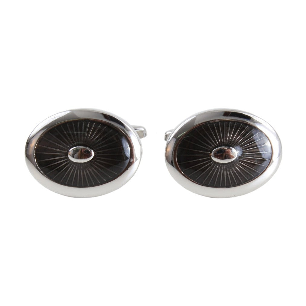 Black Enamel Oval Cufflinks With Sunburst Centre - Leonard Silver - front view of pair