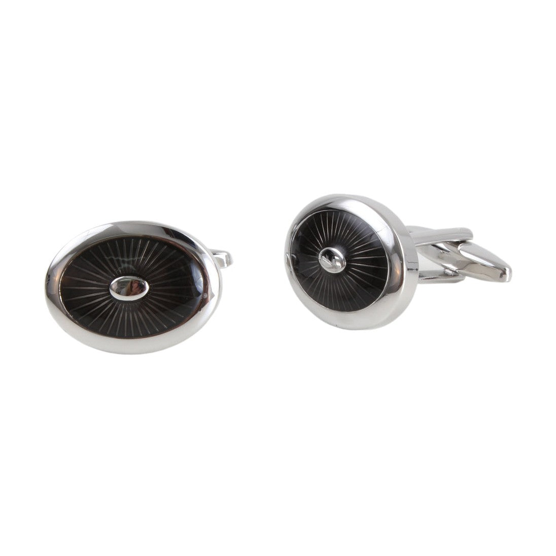 Black Enamel Oval Cufflinks With Sunburst Centre - Leonard Silver - face and fold-over bar fitting