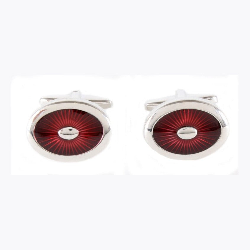 Burgundy Enamel Oval Rhodium Plate Cufflinks - Leonard Silver Cuff Links