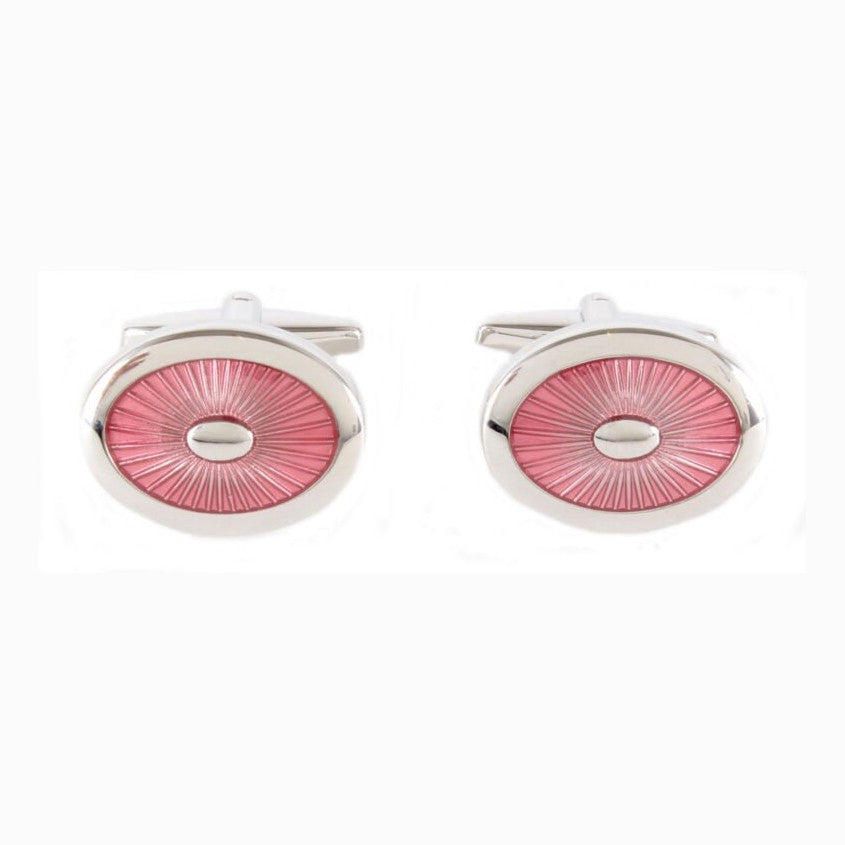 Pink Enamel Oval Rhodium Plate Cufflinks - Leonard Silver Cuff Links
