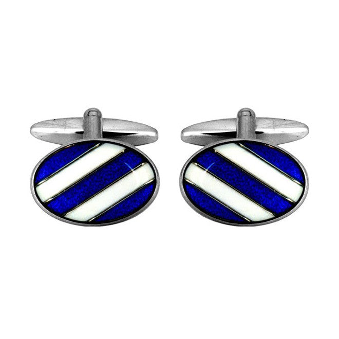 Blue And White Diagonal Stripe Oval Cufflinks - Leonard Silver - pair, front view