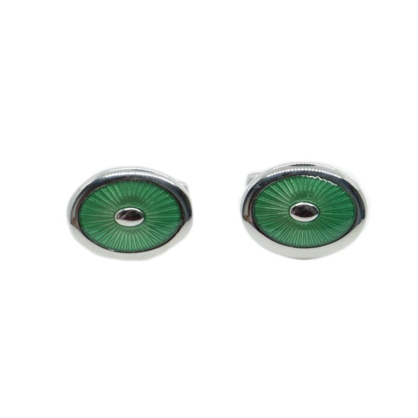 Green Enamel Oval Rhodium Plate Cufflinks - Leonard Silver Cuff Links