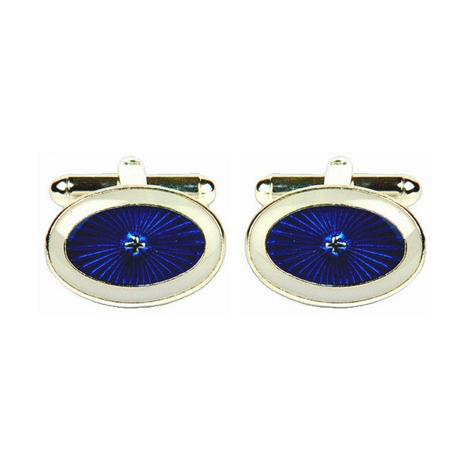 Blue And White Starburst Oval Cufflinks - Leonard Silver - pair, front view