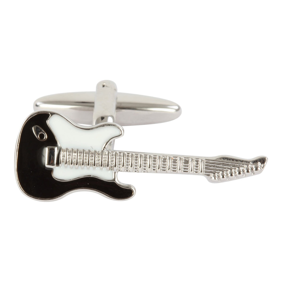 Black and White Electric Guitar Rhodium Plated Cufflinks - Leonard Silver - single cufflink, neck pointing right
