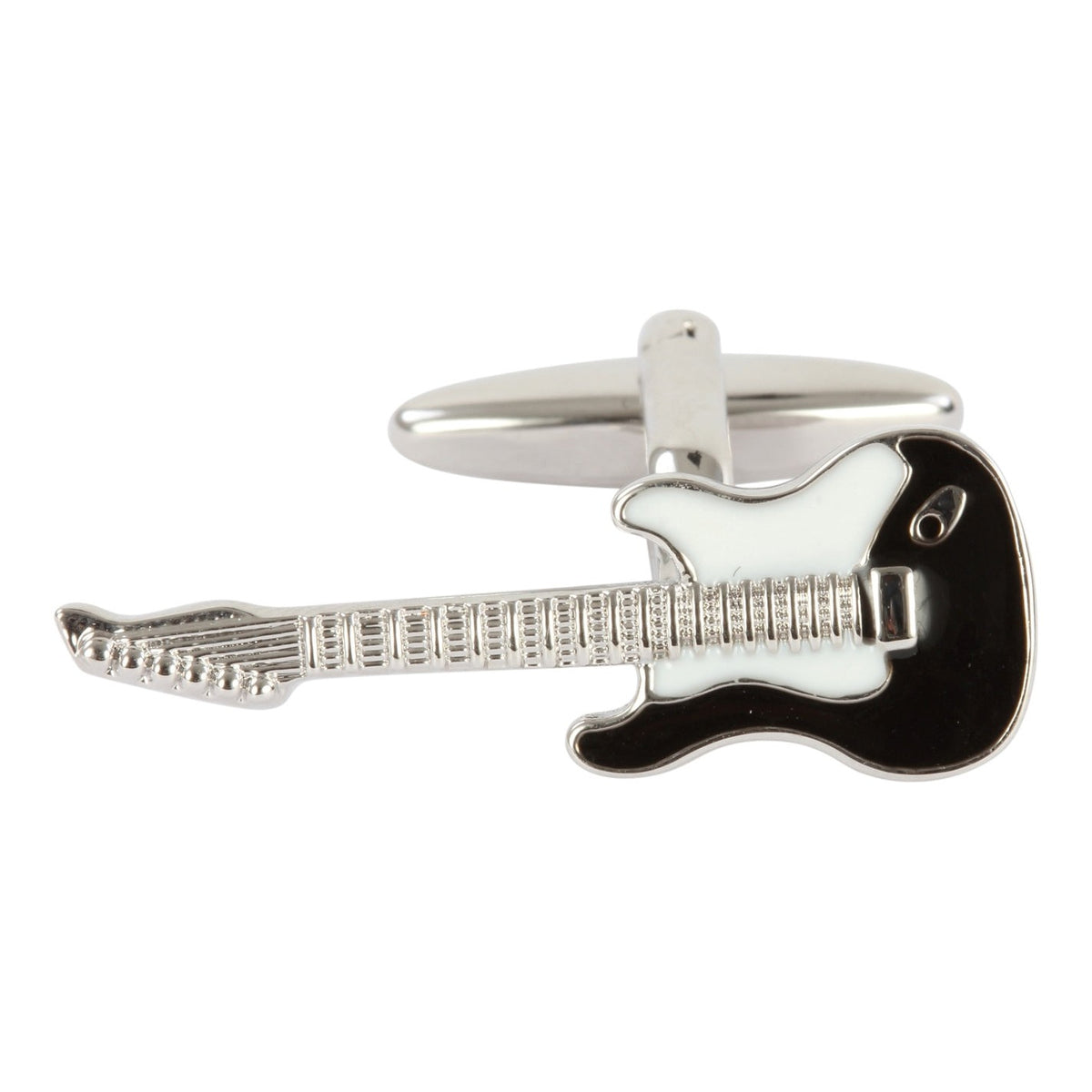 Black and White Electric Guitar Rhodium Plated Cufflinks - Leonard Silver - single cufflink, neck pointing left