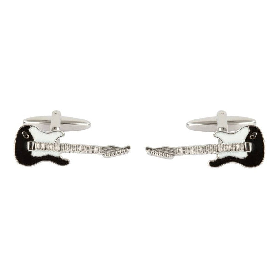 Black and White Electric Guitar Rhodium Plated Cufflinks - Leonard Silver - mirrored pair