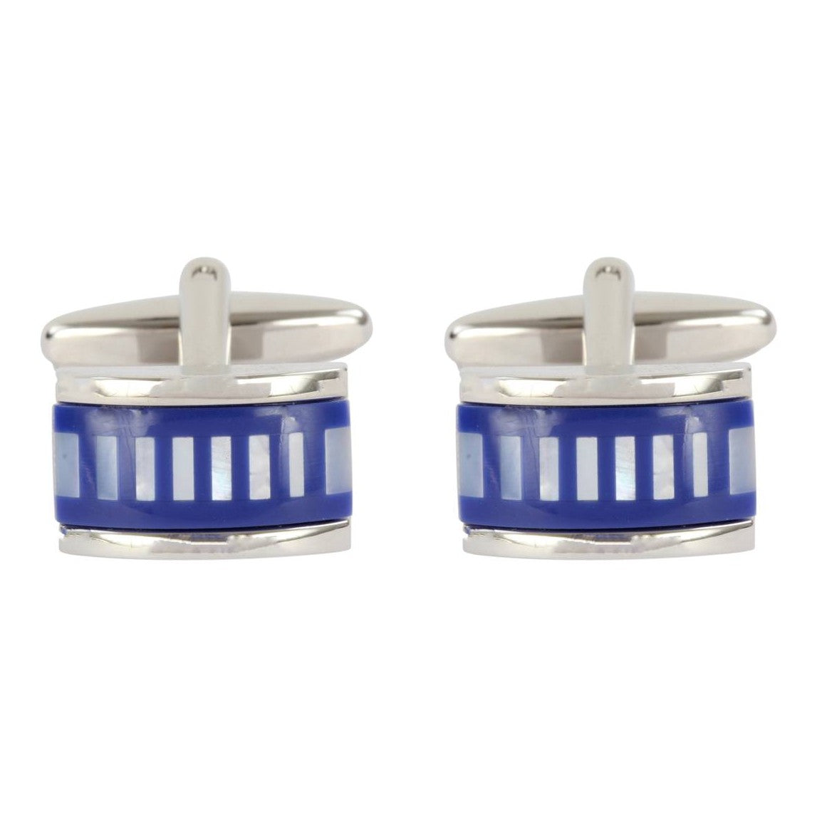 Mother of Pearl Blue Stripe Cufflinks - Leonard Silver - pair, front view with swivel bars