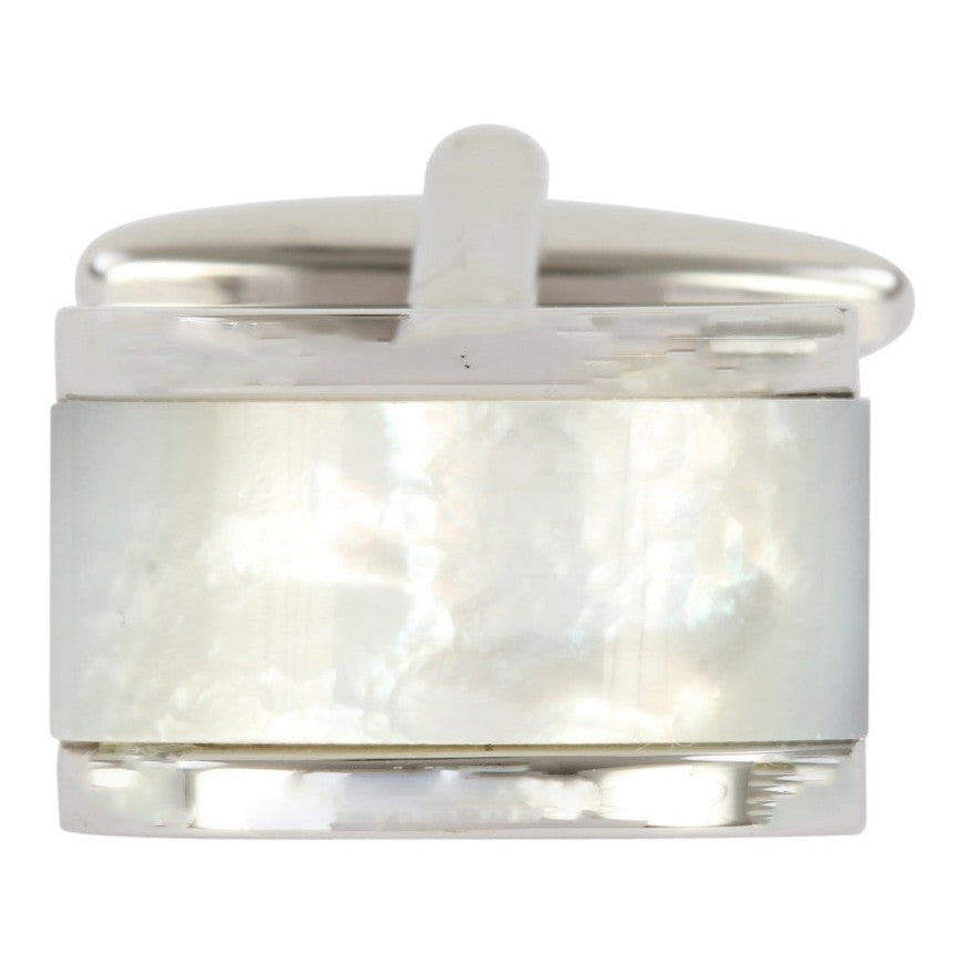 Mother of Pearl Domed Rectangle Cufflinks - Leonard Silver - single cufflink, front view