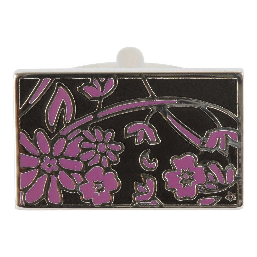 Black and Purple Floral Rectangular Cufflinks - Leonard Silver - close-up of face