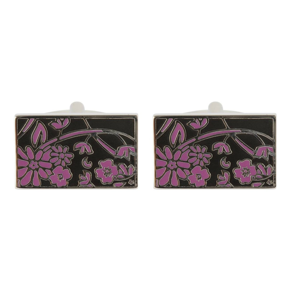 Black and Purple Floral Rectangular Cufflinks - Leonard Silver - pair shown front on