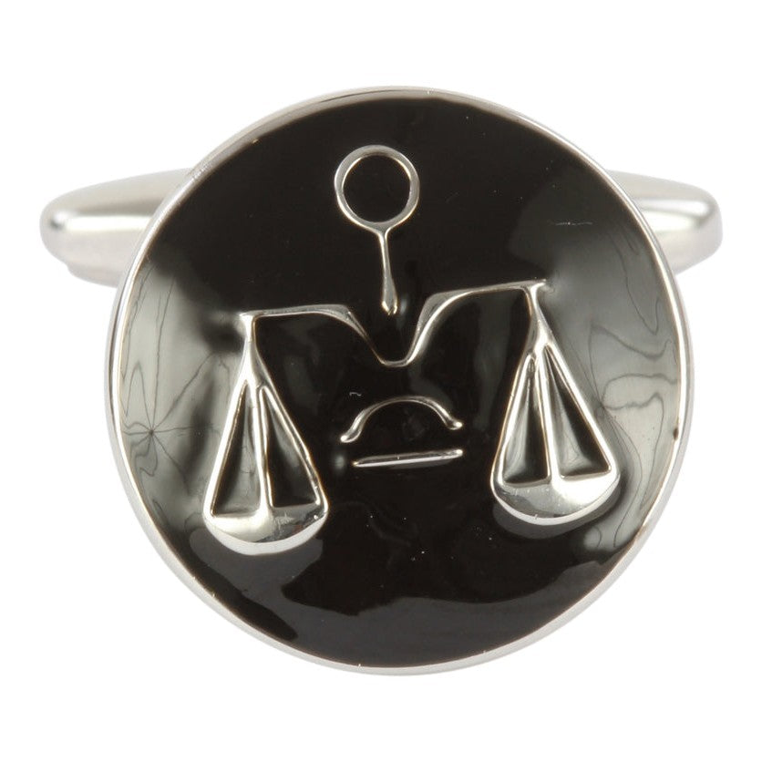 Scales of Justice Cufflinks in Black and Silver - Leonard Silver - single cufflink front view