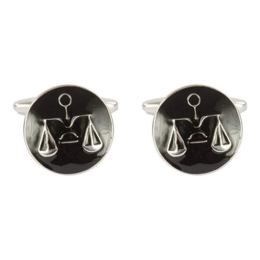Scales of Justice Cufflinks in Black and Silver - Leonard Silver - pair shown front on