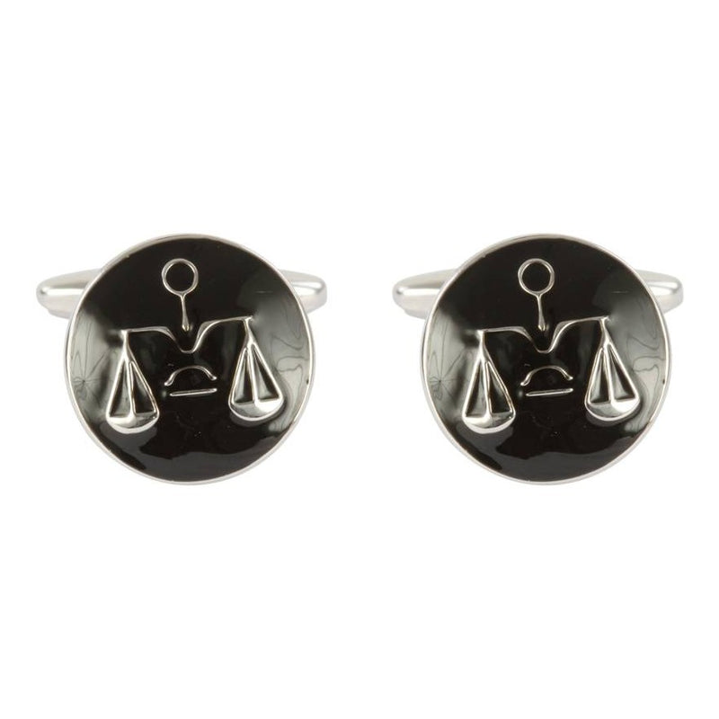 Scales of Justice Cufflinks in Black and Silver - Leonard Silver - pair shown front on