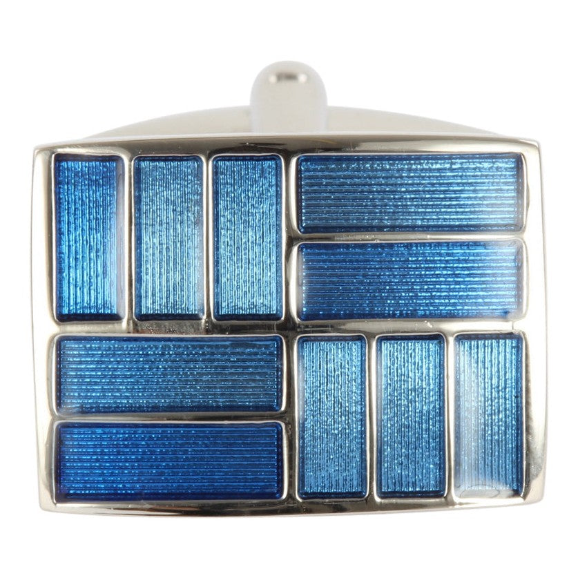 Two Tone Blue Rectangles Enamel Cufflinks - Leonard Silver - front detail