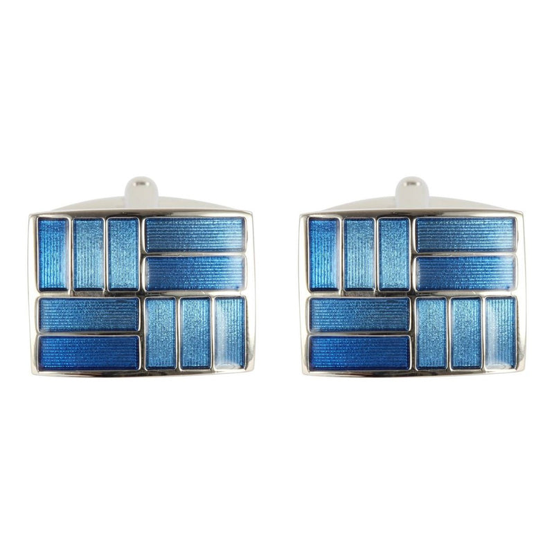 Two Tone Blue Rectangles Enamel Cufflinks - Leonard Silver - pair with fold-over backs