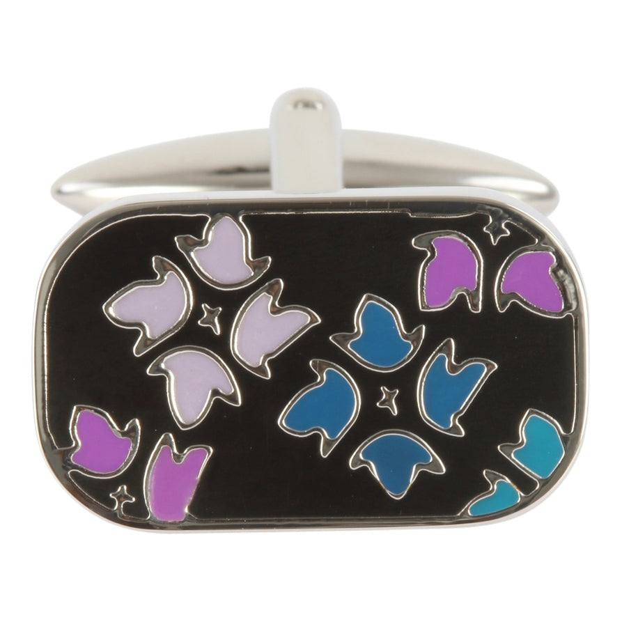 Blue, Purple and Black Enamel Petal Cufflinks - Leonard Silver - single cufflink front detail