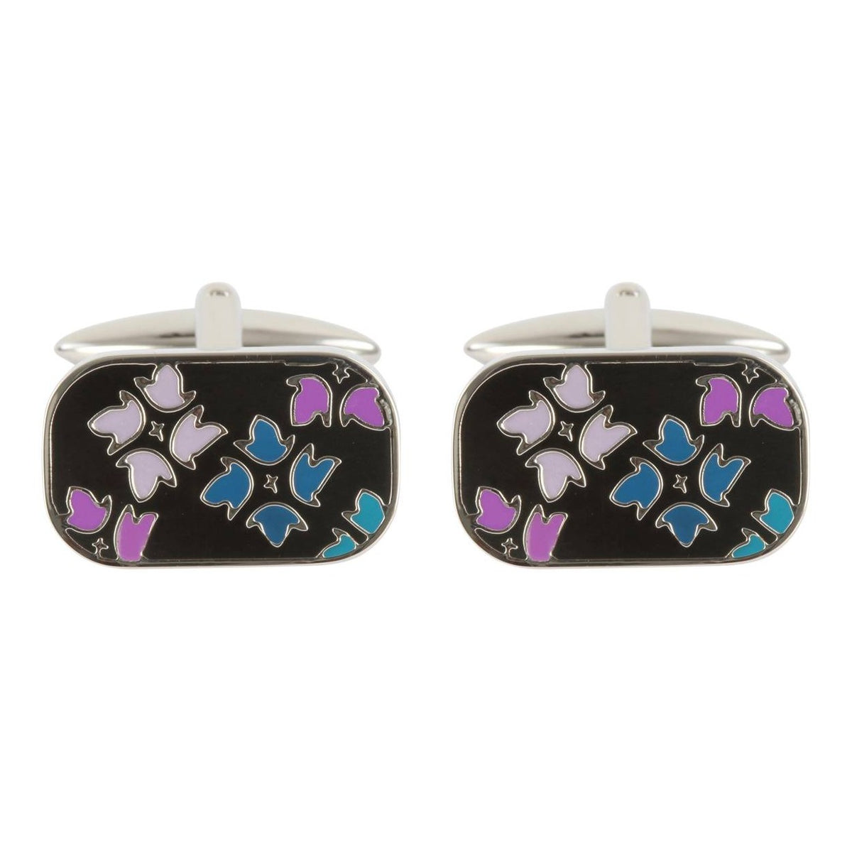 Blue, Purple and Black Enamel Petal Cufflinks - Leonard Silver - pair shown front on