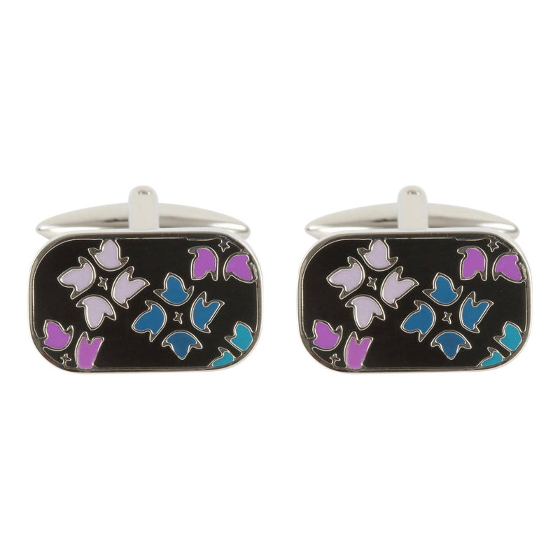 Blue, Purple and Black Enamel Petal Cufflinks - Leonard Silver - pair shown front on