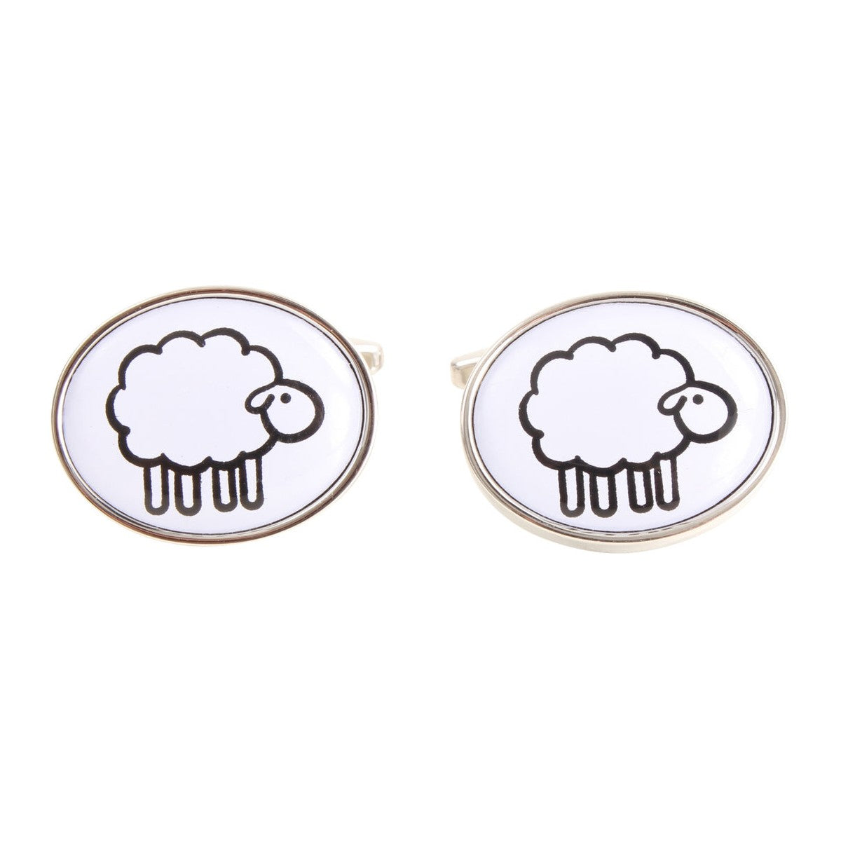 Sheep Illustration Oval Cufflinks - Leonard Silver - pair shown face on