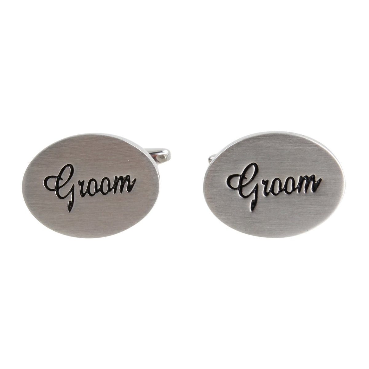Groom Oval Rhodium Plated Cufflinks - Leonard Silver - pair front view