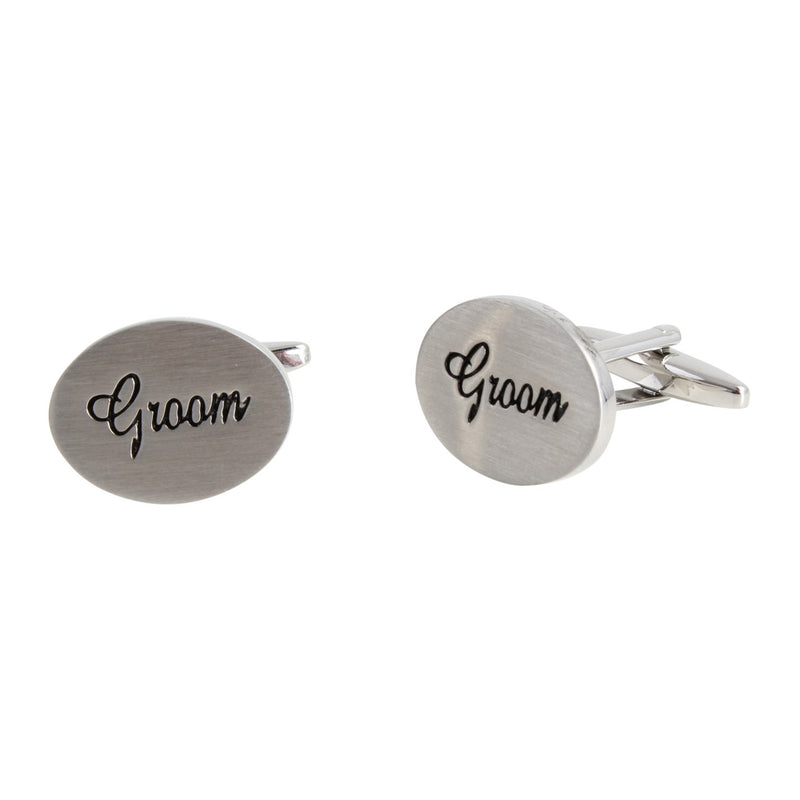 Groom Oval Rhodium Plated Cufflinks - Leonard Silver - face and fitting detail