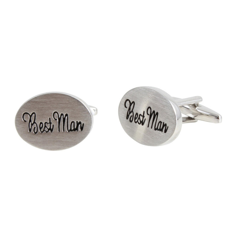 Best Man Oval Rhodium Plated Cufflinks - Leonard Silver - face and bar fitting