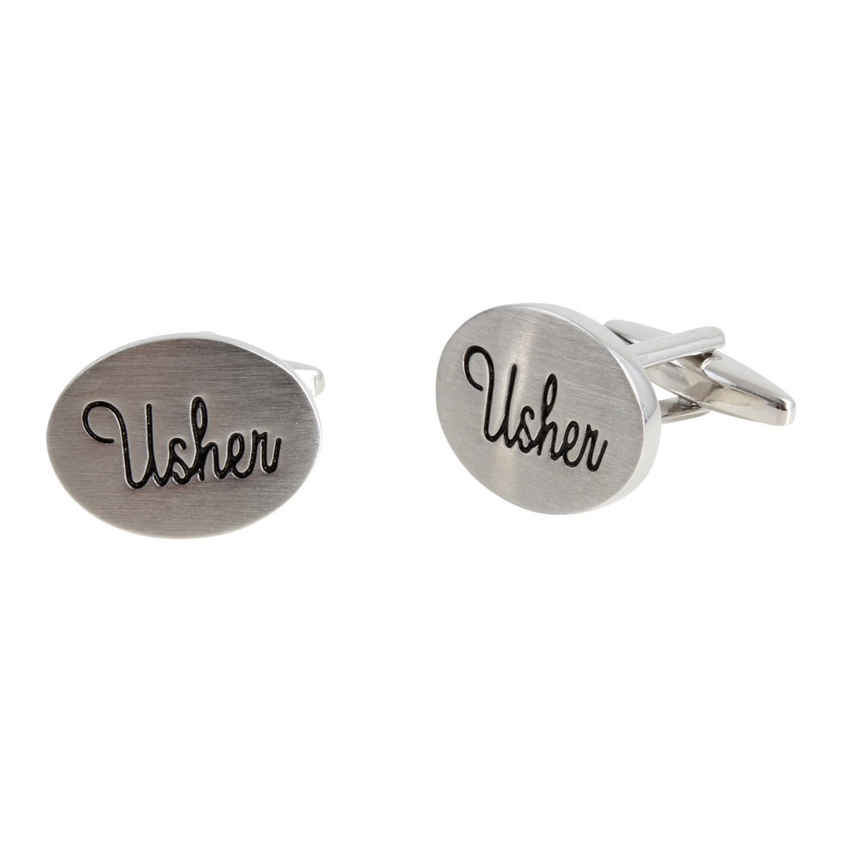 Usher Oval Rhodium Plated Cufflinks - Leonard Silver - front and bar fitting