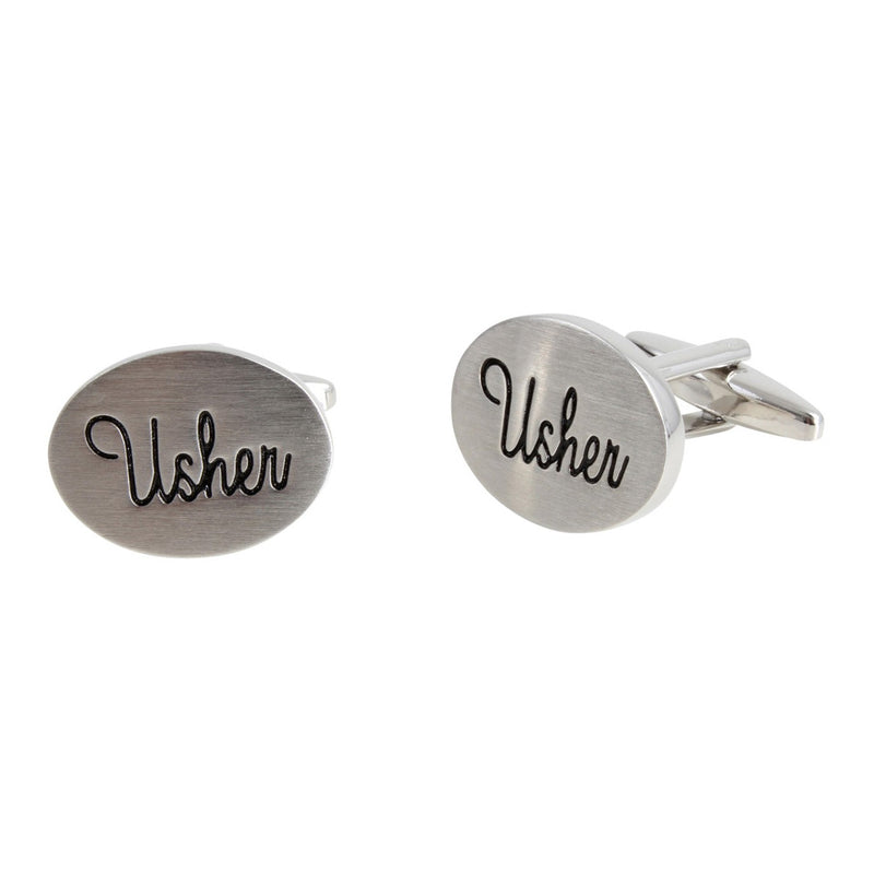 Usher Oval Rhodium Plated Cufflinks - Leonard Silver - front and bar fitting