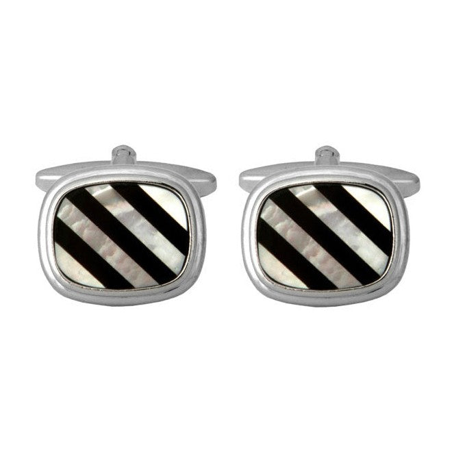 Mother Of Pearl And Onyx Stripe Cufflinks - Leonard Silver - pair, front view
