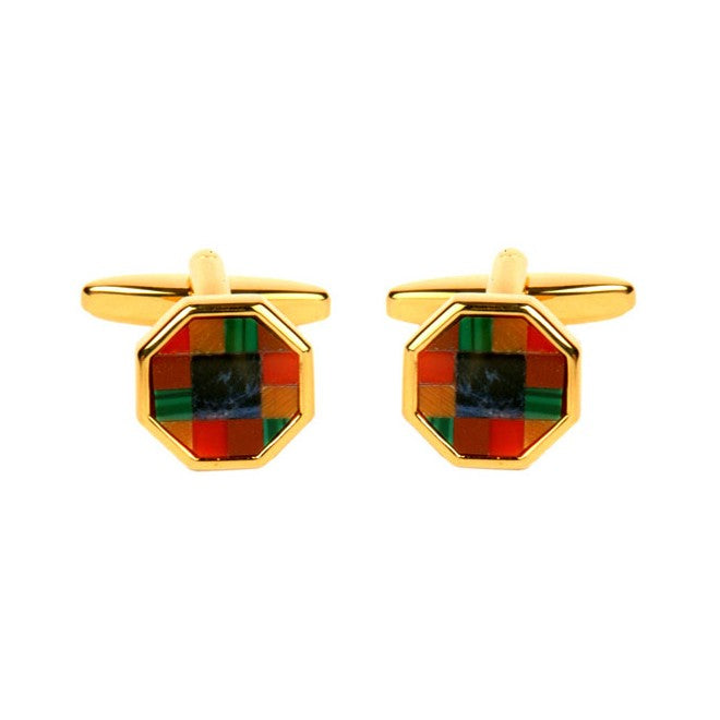 Multi Stone Octagonal Gold Plated Cufflinks - Leonard Silver - pair, front view