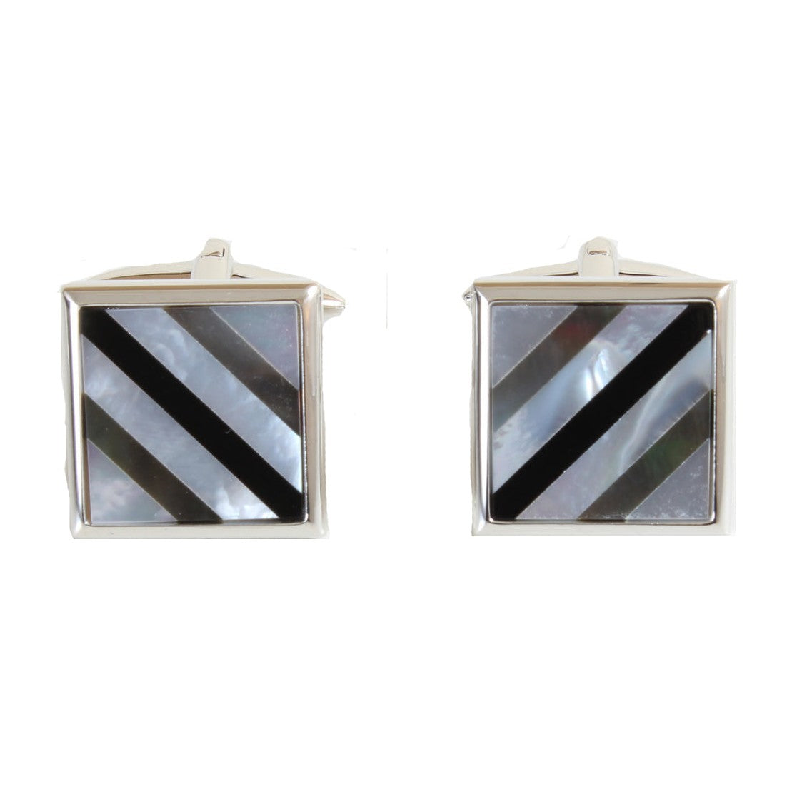 Mother of Pearl and Onyx Striped Square Cufflinks - Leonard Silver - pair shown front on