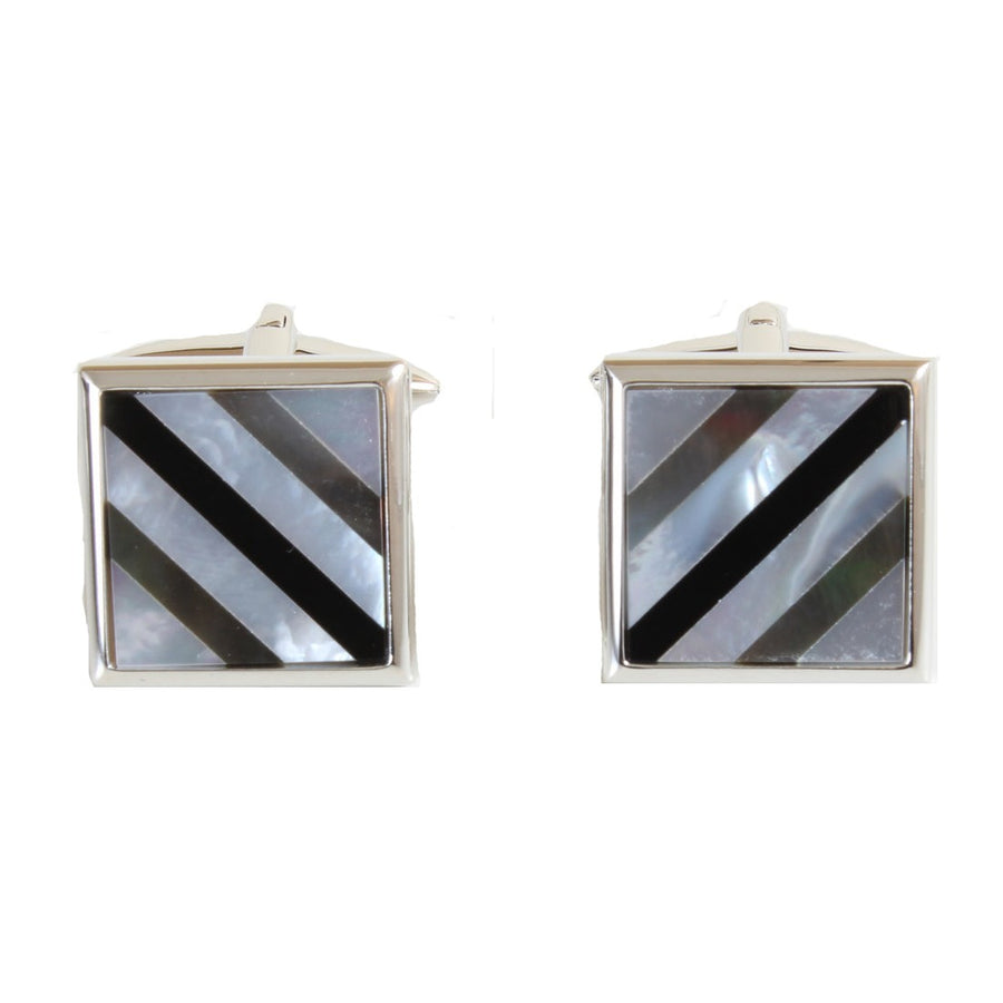 Mother of Pearl and Onyx Striped Square Cufflinks - Leonard Silver - pair shown front on