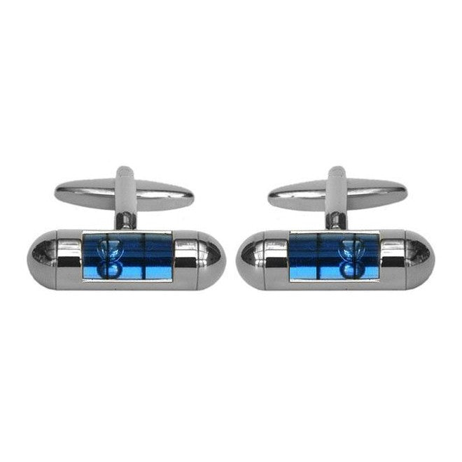 Blue Spirit Level Rhodium Cufflinks - Leonard Silver - pair, front view