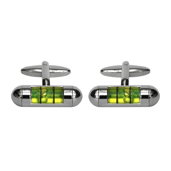 Green Spirit Level Rhodium Plated Cufflinks - Leonard Silver - front and bar back