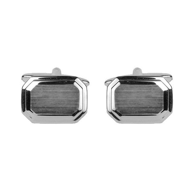 Rhodium Plated Cut Corner Brushed Rectangular Cufflinks - Leonard Silver, pair front view