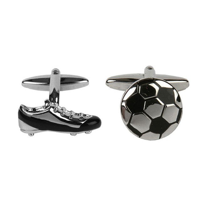 Football And Boot Cufflinks, Rhodium Plated - Leonard Silver - boot and ball pair, front view