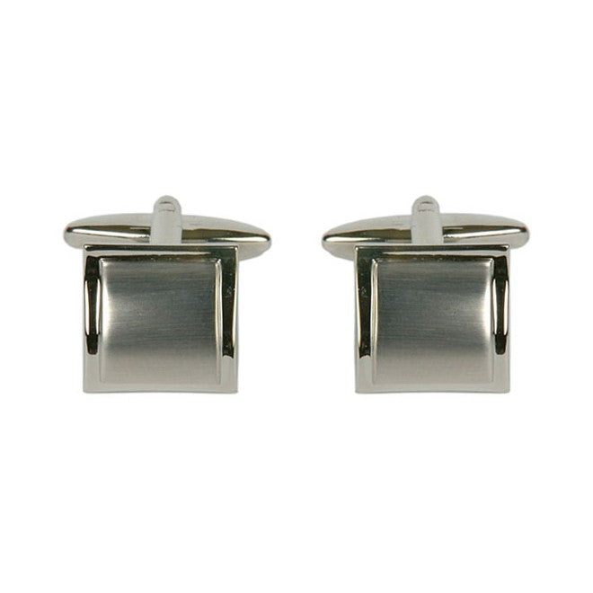 Brushed And Polished Square Rhodium Cufflinks - Leonard Silver - front view of pair