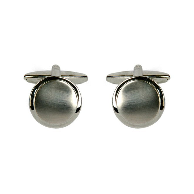 Brushed And Polished Round Rhodium Cufflinks - Leonard Silver - front and back view of pair