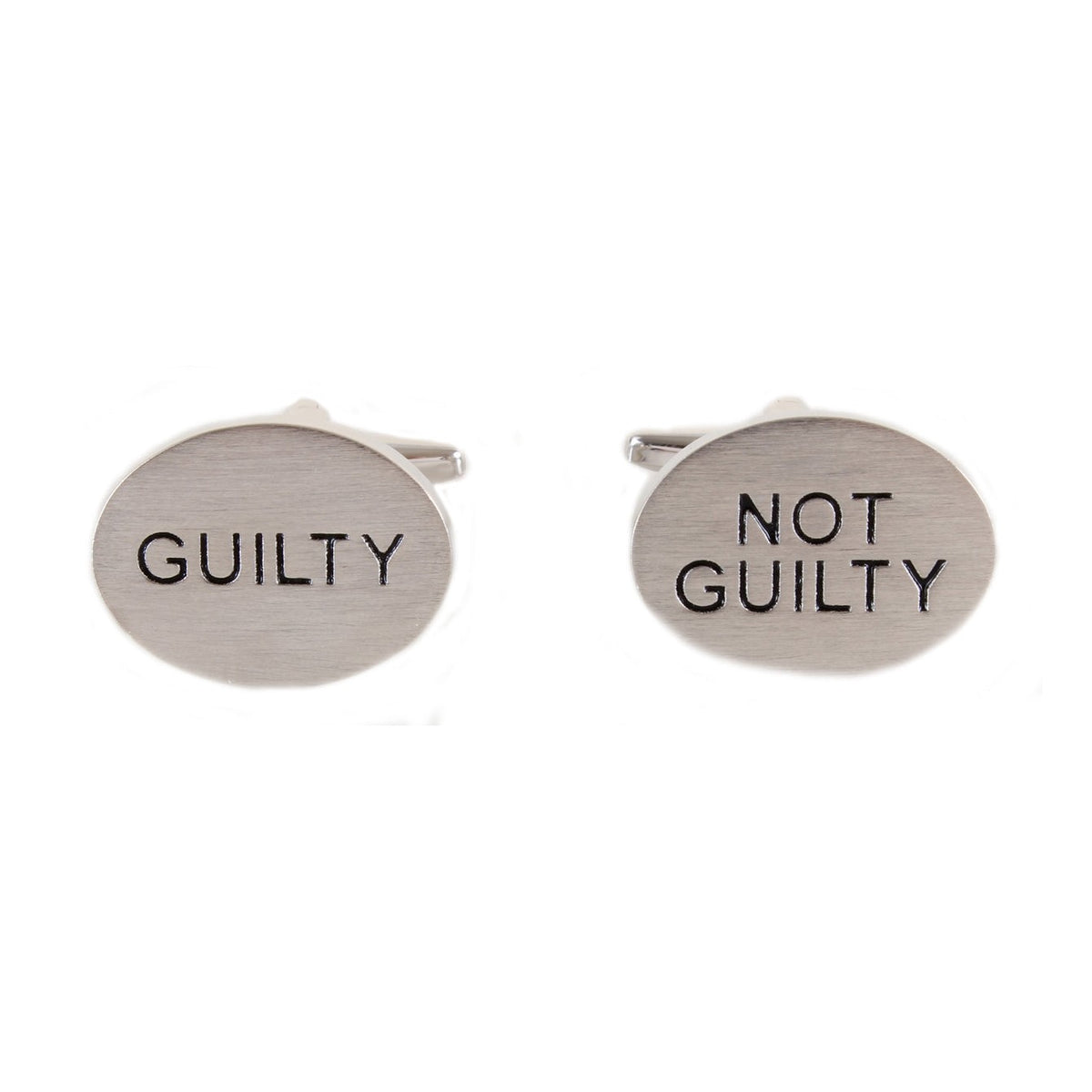 Guilty / Not Guilty Oval Rhodium Plated Cufflinks - Leonard Silver - front view of both faces