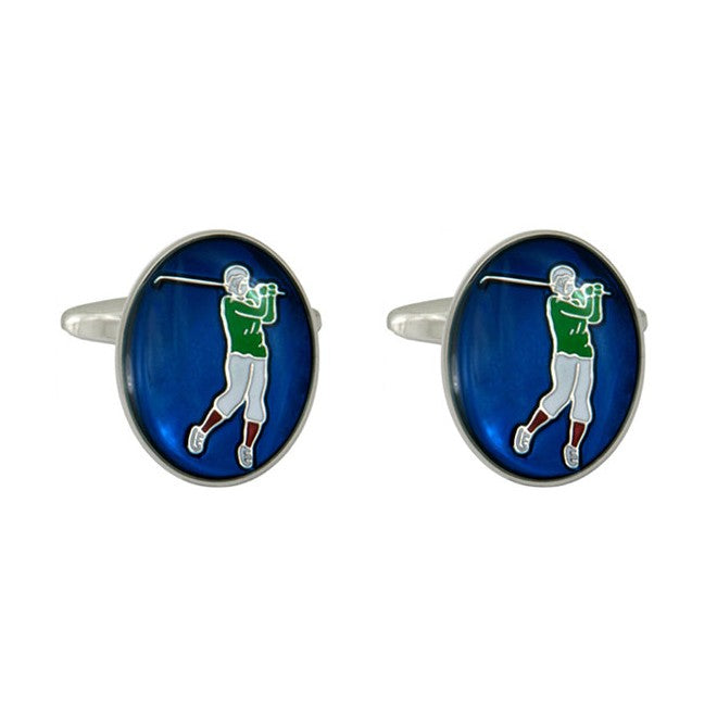 Blue Enamel Golfer Oval Cufflinks - Leonard Silver - pair, front view