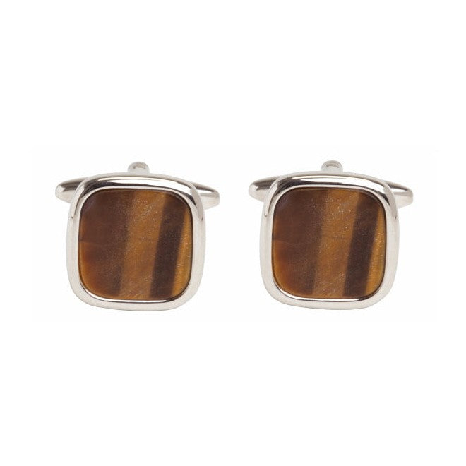 Tiger's Eye Cushion Cufflinks - Leonard Silver - pair, front view