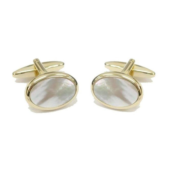 Mother of Pearl Oval Gold Plated Cufflinks - Leonard Silver - front pair