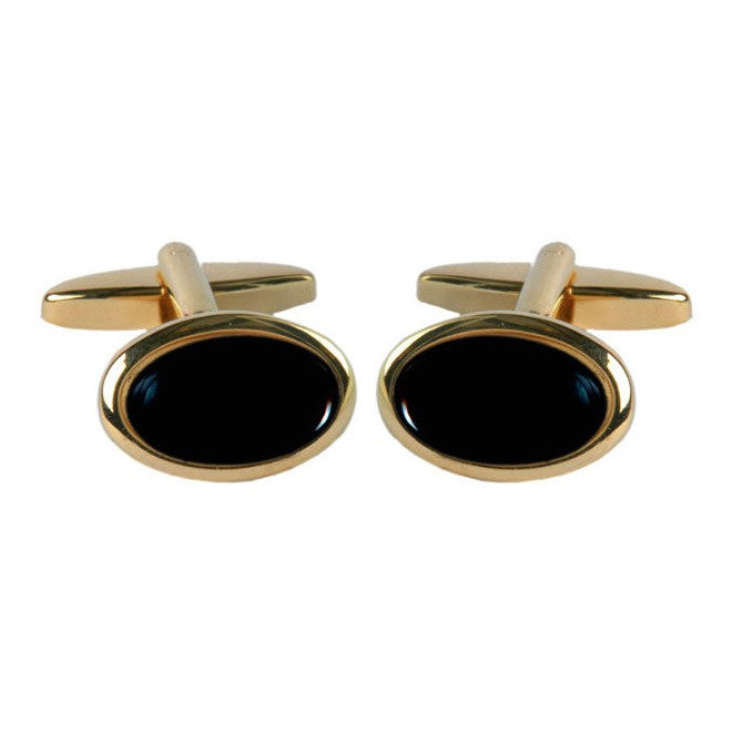 Onyx Oval Cufflinks in Gold Tone - Leonard Silver - pair shown front with fold-over backs