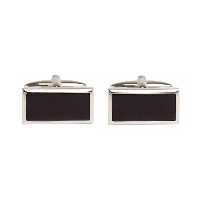 Onyx Rectangle Rhodium Plated Cufflinks - Leonard Silver - front view of pair