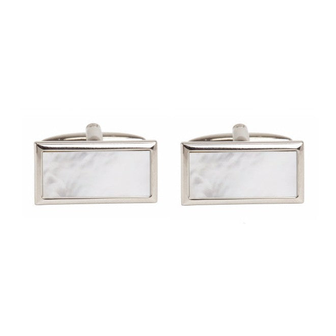 Mother Of Pearl Rectangle Rhodium Cufflinks - Leonard Silver, front view of pair