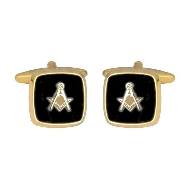 Onyx Masonic Square And Compass Gold Plated Cufflinks - Leonard Silver - front view of pair