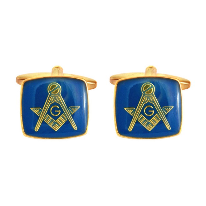 Blue Masonic Square and Compasses Cushion Cufflinks - Leonard Silver - pair, front view