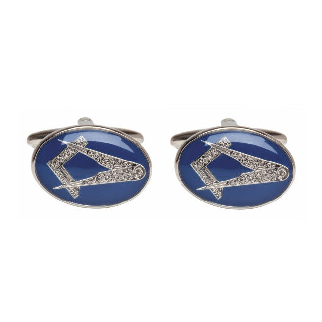 Masonic Blue Enamel Oval Cufflinks - Leonard Silver - pair shown front on